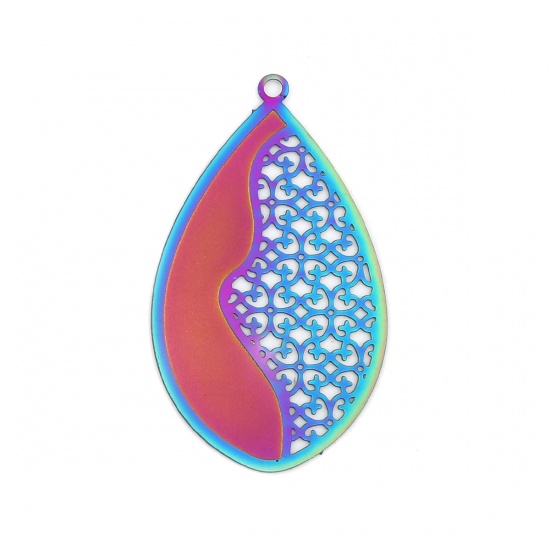 Picture of Stainless Steel Filigree Stamping Pendants Oval Purple & Blue Filigree 45mm x 26mm, 10 PCs