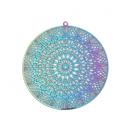 Picture of Stainless Steel Filigree Stamping Pendants Round Disc Purple & Blue Filigree 45mm x 43mm, 10 PCs