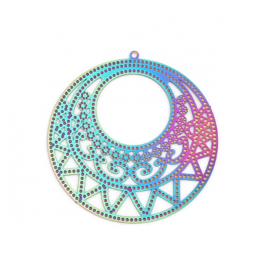 Picture of Stainless Steel Filigree Stamping Pendants Round Purple & Blue Filigree 50mm x 49mm, 10 PCs