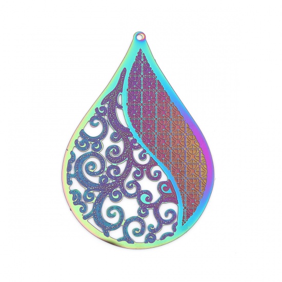 Picture of Stainless Steel Filigree Stamping Pendants Drop Purple & Blue Filigree 60mm x 41mm, 10 PCs