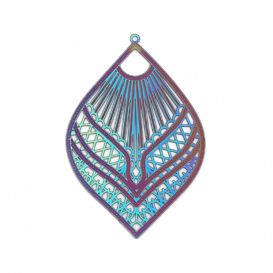 Picture of Stainless Steel Filigree Stamping Pendants Marquise Purple & Blue Filigree 56mm x 37mm, 10 PCs