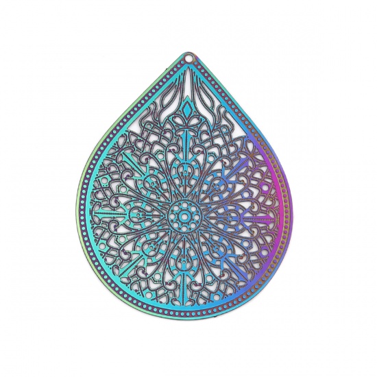 Picture of Stainless Steel Filigree Stamping Pendants Drop Purple & Blue Filigree 52mm x 40mm, 10 PCs