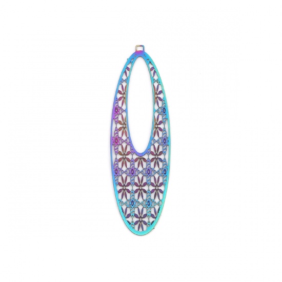 Picture of Stainless Steel Filigree Stamping Pendants Oval Purple & Blue Filigree 55mm x 17mm, 10 PCs