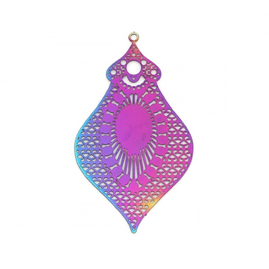 Picture of Stainless Steel Filigree Stamping Pendants Irregular Purple & Blue Filigree 48mm x 27mm, 10 PCs