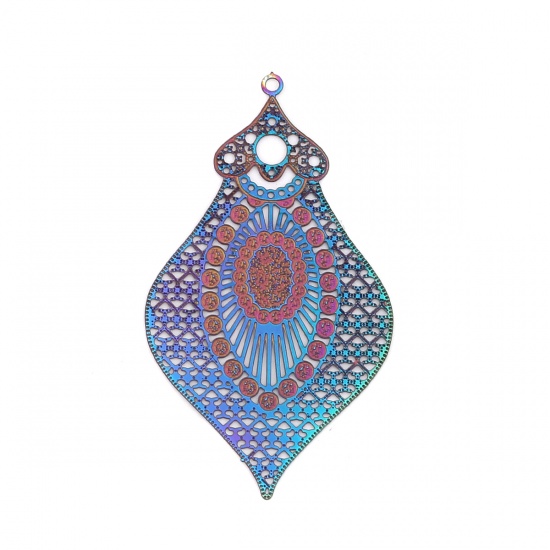 Picture of Stainless Steel Filigree Stamping Pendants Irregular Purple & Blue Filigree 48mm x 27mm, 10 PCs