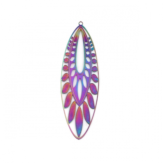 Picture of Stainless Steel Filigree Stamping Pendants Marquise Purple & Blue Filigree 70mm x 21mm, 10 PCs