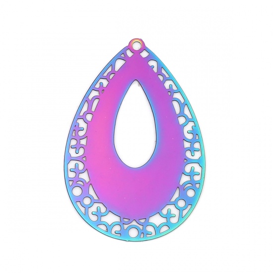 Picture of Stainless Steel Filigree Stamping Pendants Drop Purple & Blue Filigree 52mm x 35mm, 10 PCs