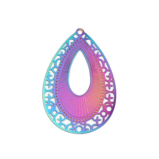 Picture of Stainless Steel Filigree Stamping Pendants Drop Purple & Blue Filigree 52mm x 35mm, 10 PCs