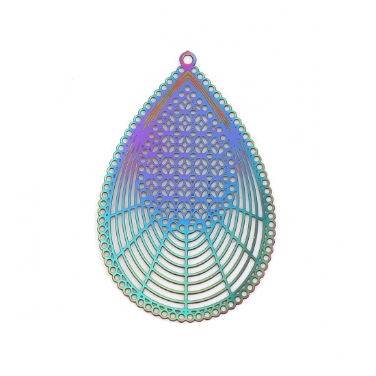 Picture of Stainless Steel Filigree Stamping Pendants Drop Purple & Blue Filigree 42mm x 27mm, 10 PCs