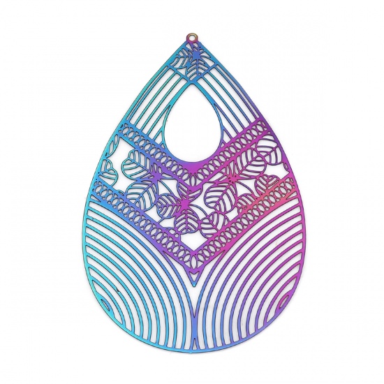 Picture of Stainless Steel Filigree Stamping Pendants Drop Purple & Blue Filigree 65mm x 43mm, 10 PCs