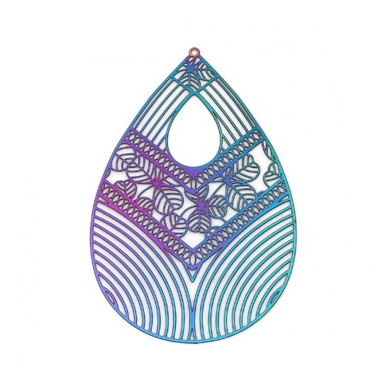 Picture of Stainless Steel Filigree Stamping Pendants Drop Purple & Blue Filigree 65mm x 43mm, 10 PCs