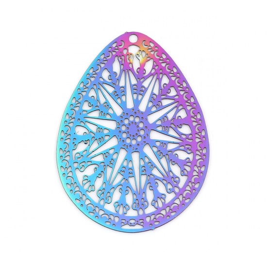 Picture of Stainless Steel Filigree Stamping Pendants Drop Purple & Blue Filigree 39mm x 28mm, 10 PCs