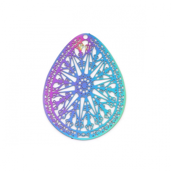 Picture of Stainless Steel Filigree Stamping Pendants Drop Purple & Blue Filigree 39mm x 28mm, 10 PCs