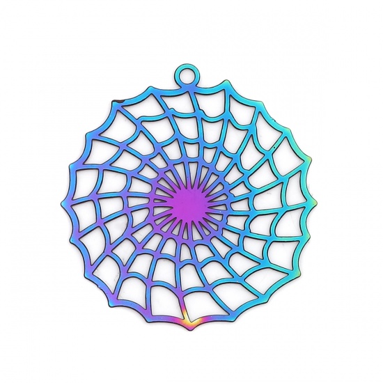 Picture of Stainless Steel Filigree Stamping Pendants Halloween Cobweb Purple & Blue 33mm x 31mm, 10 PCs