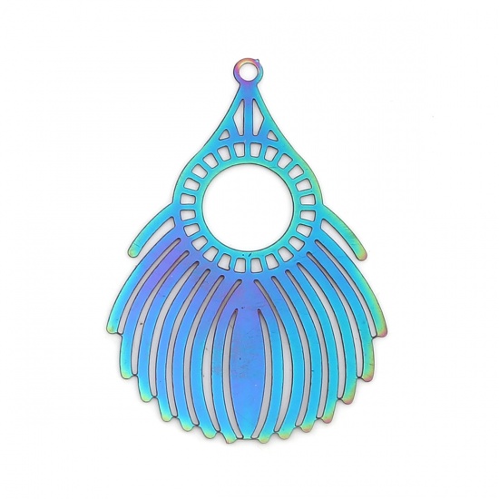 Picture of Stainless Steel Filigree Stamping Pendants Fan-shaped Purple & Blue Feather 39mm x 27mm, 10 PCs
