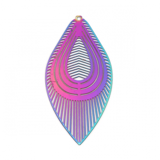 Picture of Stainless Steel Filigree Stamping Pendants Marquise Purple & Blue Stripe 55mm x 28mm, 10 PCs