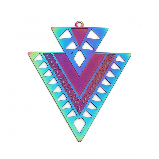 Picture of Stainless Steel Filigree Stamping Pendants Triangle Purple & Blue Geometric 39mm x 33mm, 10 PCs