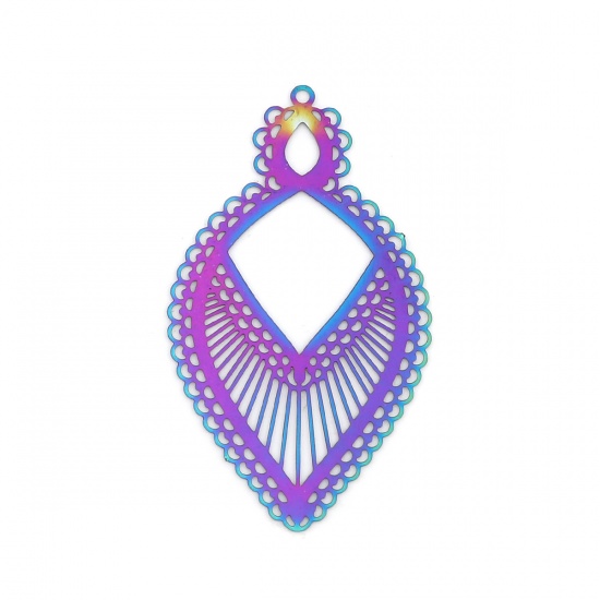 Picture of Stainless Steel Filigree Stamping Pendants Marquise Purple & Blue Stripe 47mm x 27mm, 10 PCs