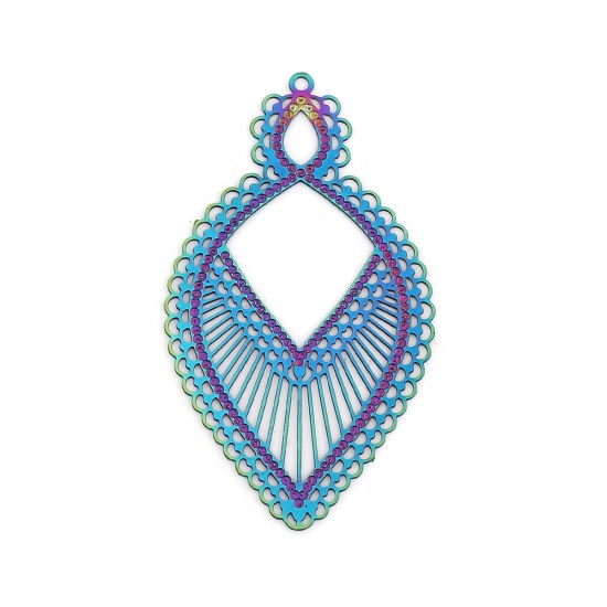 Picture of Stainless Steel Filigree Stamping Pendants Marquise Purple & Blue Stripe 47mm x 27mm, 10 PCs