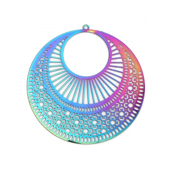 Picture of Stainless Steel Filigree Stamping Pendants Round Purple & Blue Filigree 49mm x 47mm, 10 PCs