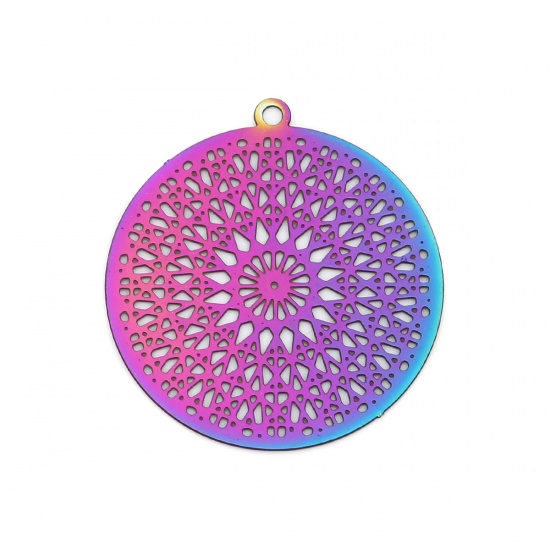 Picture of Stainless Steel Filigree Stamping Charms Round Purple & Blue Filigree 28mm x 26mm, 10 PCs