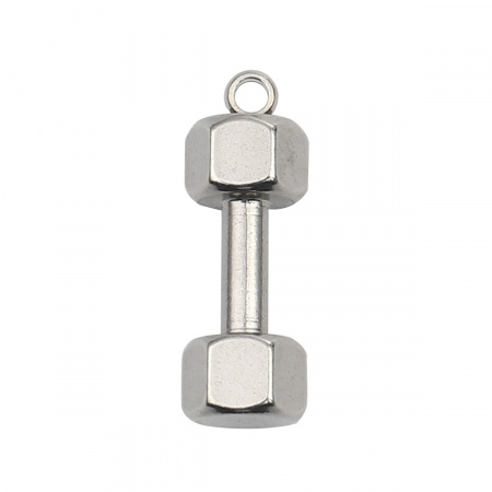 Stainless Steel Fitness Charms Dumbbell Silver Tone 19mm x 7mm, 5 PCs