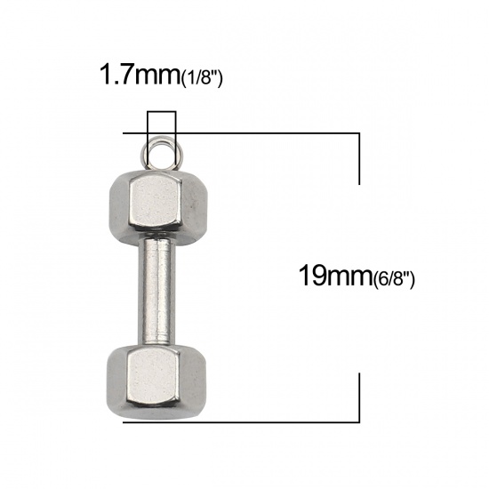 Picture of Stainless Steel Fitness Charms Dumbbell Silver Tone 19mm x 7mm, 5 PCs