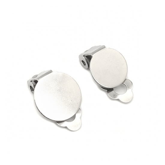 Picture of 304 Stainless Steel Non Piercing Clip-on Earrings Round Silver Tone Glue On (Fits 12mm Dia.) 15mm x 12mm, 10 PCs