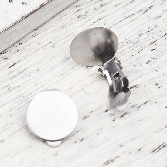 Picture of Stainless Steel Ear Clips Earrings Round Silver Tone Cabochon Settings (Fits 14mm Dia.) 18mm x 14mm, 10 PCs