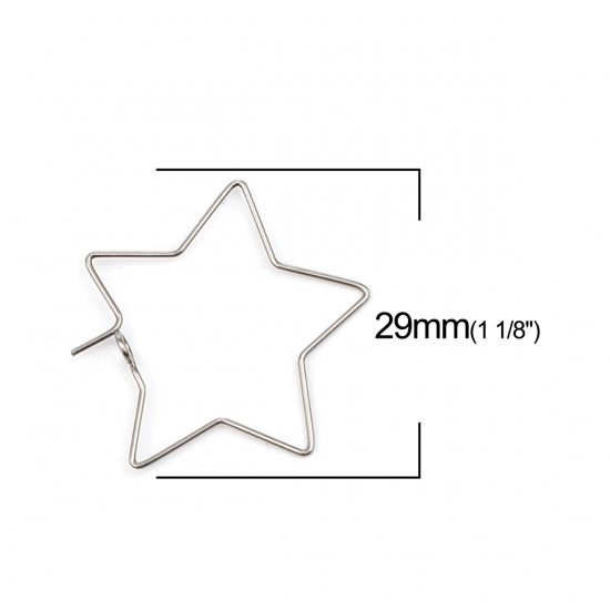 Picture of 304 Stainless Steel Hoop Earrings Pentagram Star Silver Tone 29mm x 29mm, Post/ Wire Size: (21 gauge), 50 PCs
