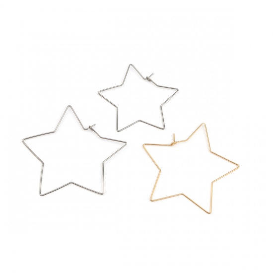 Stainless Steel Hoop Earrings Pentagram Star Silver Tone 40mm x 40mm, Post/ Wire Size: (21 gauge), 50 PCs の画像