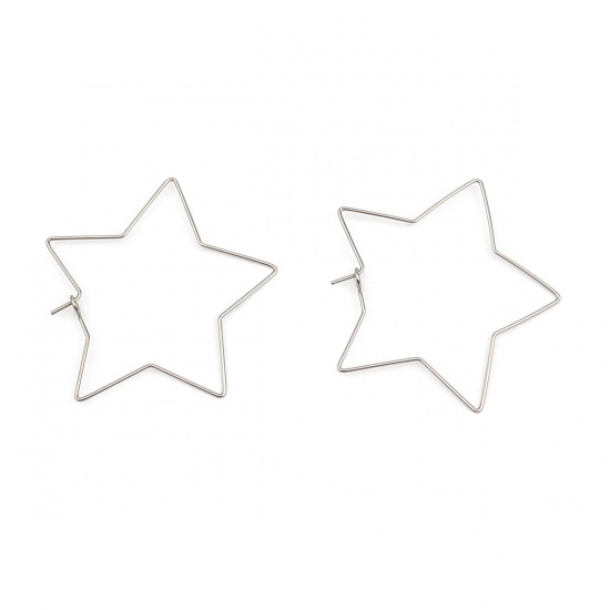 Stainless Steel Hoop Earrings Pentagram Star Silver Tone 50mm x 50mm, Post/ Wire Size: (21 gauge), 50 PCs の画像