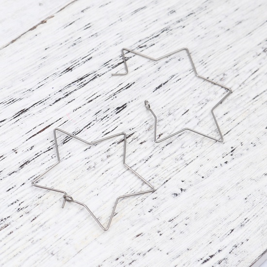Stainless Steel Hoop Earrings Pentagram Star Silver Tone 50mm x 50mm, Post/ Wire Size: (21 gauge), 50 PCs の画像
