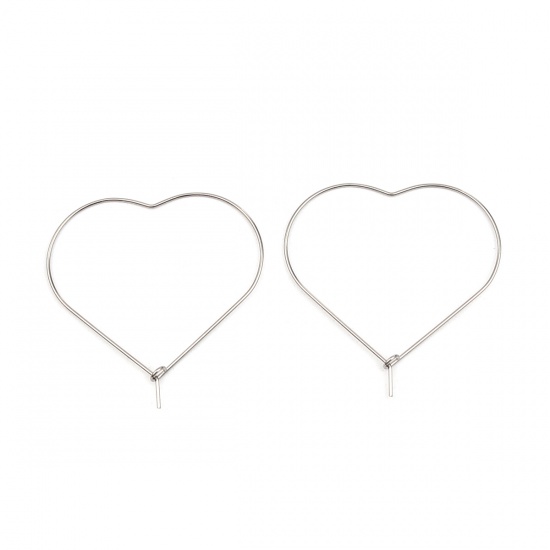 Bild von Stainless Steel Hoop Earrings Heart Silver Tone 30mm x 30mm, Post/ Wire Size: (21 gauge), 50 PCs