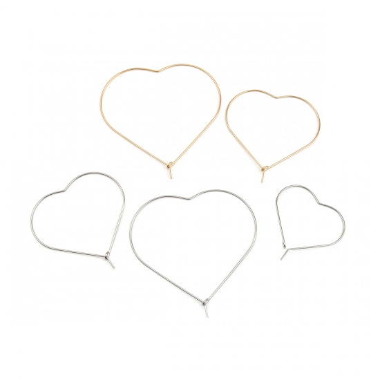Stainless Steel Hoop Earrings Heart Silver Tone 50mm x 50mm, Post/ Wire Size: (21 gauge), 50 PCs の画像