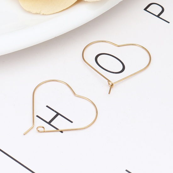Picture of 304 Stainless Steel Hoop Earrings Heart Gold Plated 30mm x 30mm, Post/ Wire Size: (21 gauge), 10 PCs