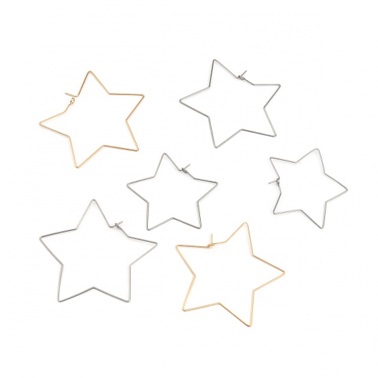 Bild von Stainless Steel Hoop Earrings Pentagram Star Gold Plated 50mm x 50mm, Post/ Wire Size: (21 gauge), 10 PCs