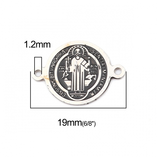 Picture of 304 Stainless Steel Religious Connectors Round Silver Tone Black Jesus Enamel 19mm x 14mm, 1 Piece