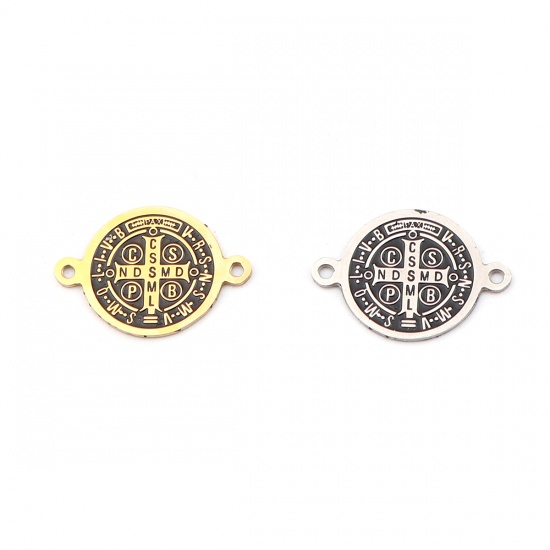 Picture of 304 Stainless Steel Religious Connectors Round Silver Tone Black Jesus Enamel 19mm x 14mm, 1 Piece