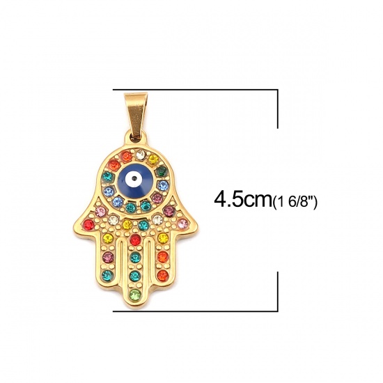 Picture of 304 Stainless Steel Religious Pendants Hamsa Symbol Hand Gold Plated Blue Evil Eye Enamel Multicolor Rhinestone 45mm x 25mm, 1 Piece