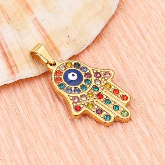 Picture of 304 Stainless Steel Religious Pendants Hamsa Symbol Hand Gold Plated Blue Evil Eye Enamel Multicolor Rhinestone 45mm x 25mm, 1 Piece