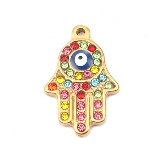 Picture of 304 Stainless Steel Religious Charms Hamsa Symbol Hand Gold Plated Blue Evil Eye Enamel Multicolor Rhinestone 24mm x 15mm, 1 Piece