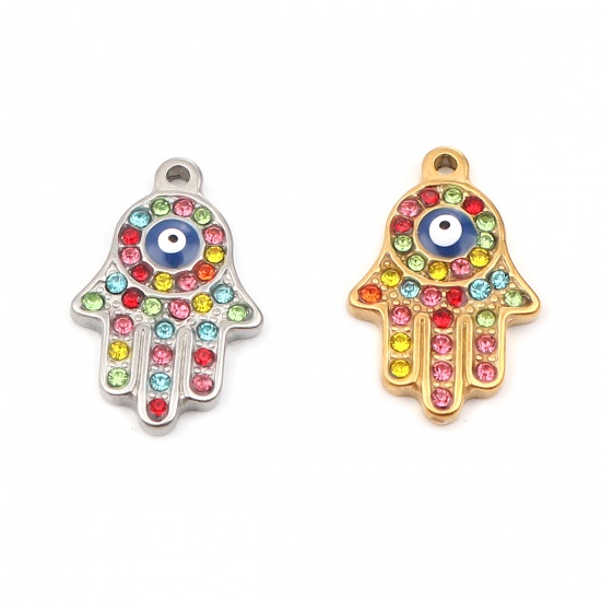 Picture of 304 Stainless Steel Religious Charms Hamsa Symbol Hand Gold Plated Blue Evil Eye Enamel Multicolor Rhinestone 24mm x 15mm, 1 Piece