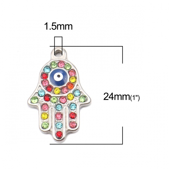 Picture of 304 Stainless Steel Religious Charms Hamsa Symbol Hand Silver Tone Blue Evil Eye Enamel Multicolor Rhinestone 24mm x 15mm, 1 Piece