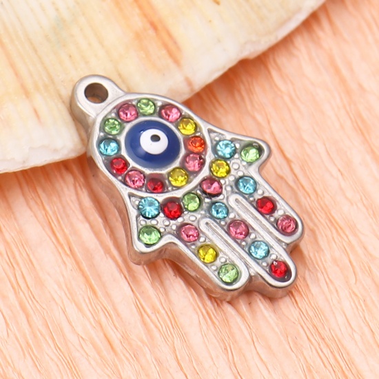 Picture of 304 Stainless Steel Religious Charms Hamsa Symbol Hand Silver Tone Blue Evil Eye Enamel Multicolor Rhinestone 24mm x 15mm, 1 Piece