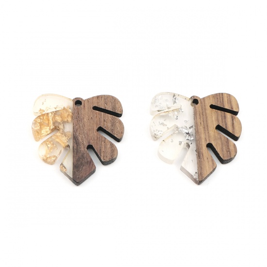 Immagine di Legno & Resina Charm Resina Effetto Legno Ciondoli Foglia Naturale Stagnola 30mm x 28mm, 5 Pz