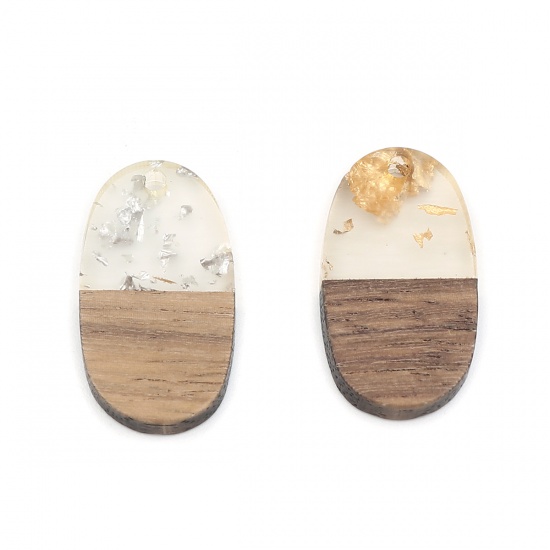 Picture of Resin & Wood Wood Effect Resin Charms Oval Natural Foil 27mm x 15mm, 5 PCs