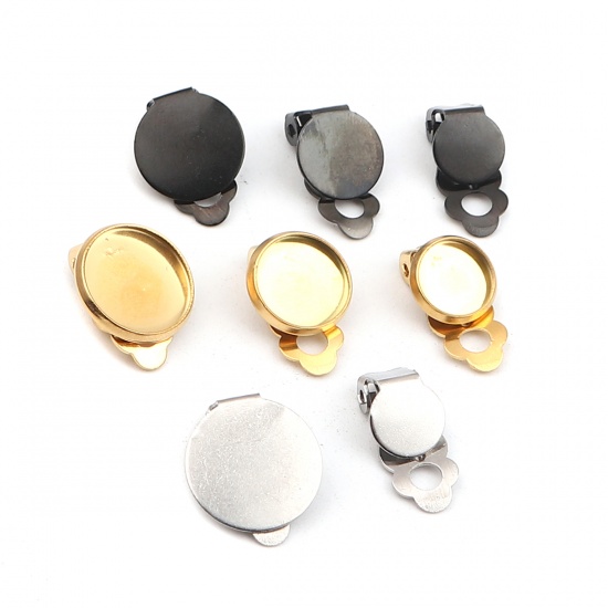 Изображение 304 Stainless Steel Ear Clips Earrings Round Black Cabochon Settings (Fits 12mm Dia.) 18mm x 12mm, 10 PCs