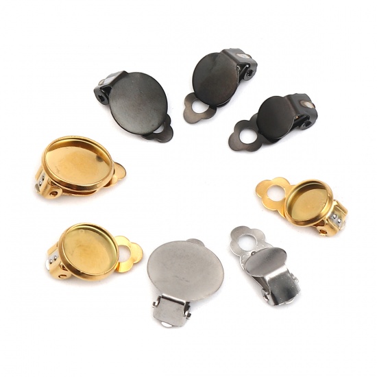 Изображение 304 Stainless Steel Ear Clips Earrings Round Black Cabochon Settings (Fits 12mm Dia.) 18mm x 12mm, 10 PCs