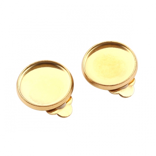 Picture of 304 Stainless Steel Ear Clips Earrings Round Gold Plated Cabochon Settings (Fits 12mm Dia.) 17mm x 14mm, 10 PCs